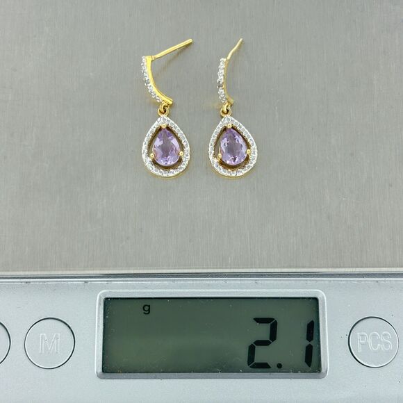 JBX Sterling Silver Gold Plate Purple Amethyst Diamond Accent Dangle Earrings - Picture 4 of 6